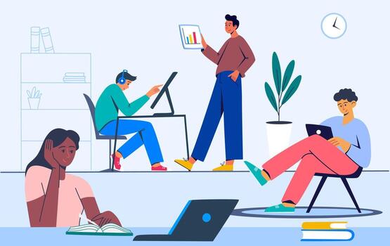 Illustratie van een digitaal planningsinstrument met activiteitenroosters en teamoverzichten voor kantooromgevingen