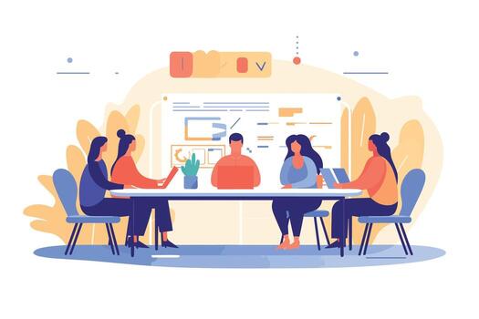 Illustratie van een betrokken werkplek met verbonden teamleden in een dynamische kantooromgeving